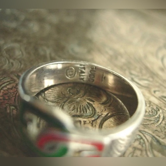 RARE Vintage GUCCI GG Red Green Logo Ring Silver 925 Enamel Couture Jewelry  ❤️ - Picture 5 of 8